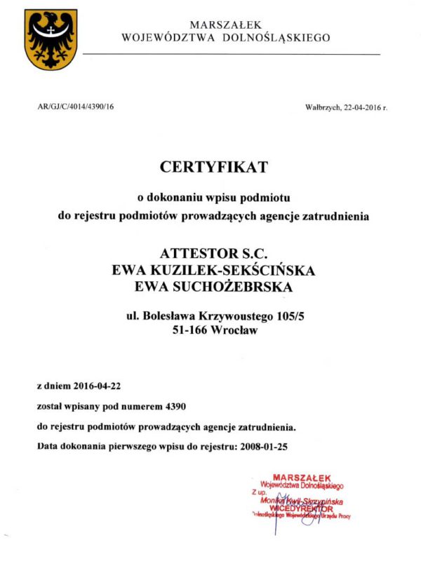 Certyfikat o dokonaniu wpisu podmiotu do rejestru podmiotów prowadzących agencje zatrudnienia.