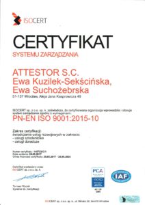 Certyfikat ISO 9001:2015 firmy Attestor SC