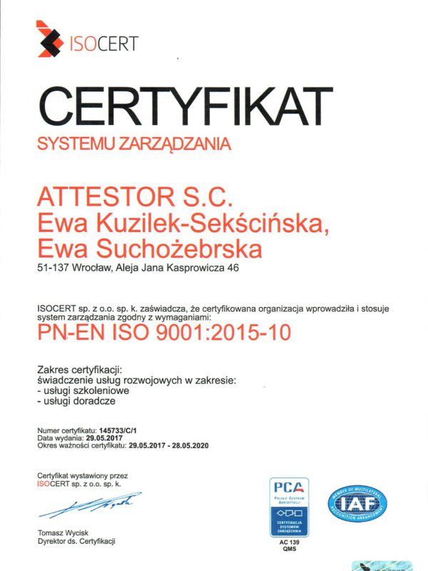 Certyfikat ISO 9001:2015 firmy Attestor SC